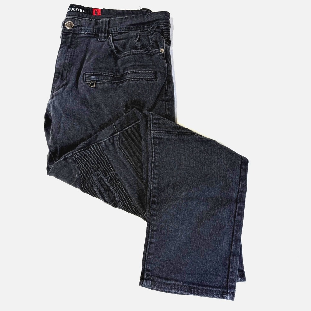 Makobi MK Moto Distressed Jeans Biker Style Black Denim Men's Size 36x32